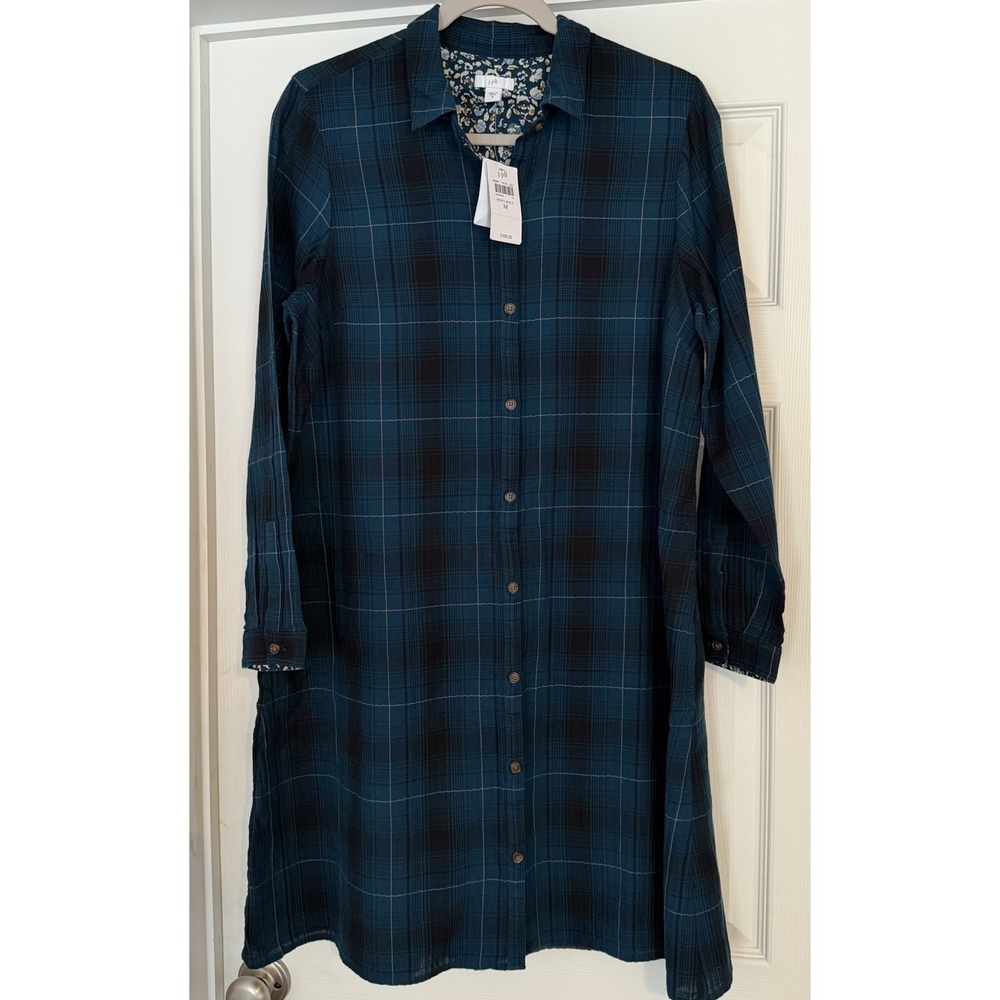 NWT‎ J Jill Button Down Shirt Dress Teal Plaid Sz M Soft MSRP $109 Office Casual
